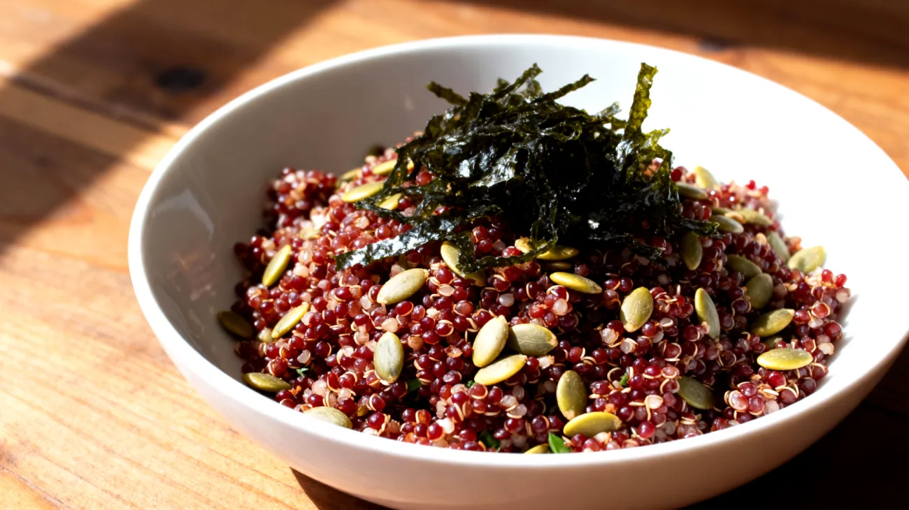 Insalata di quinoa rossa con semi di zucca e alghe wakame"