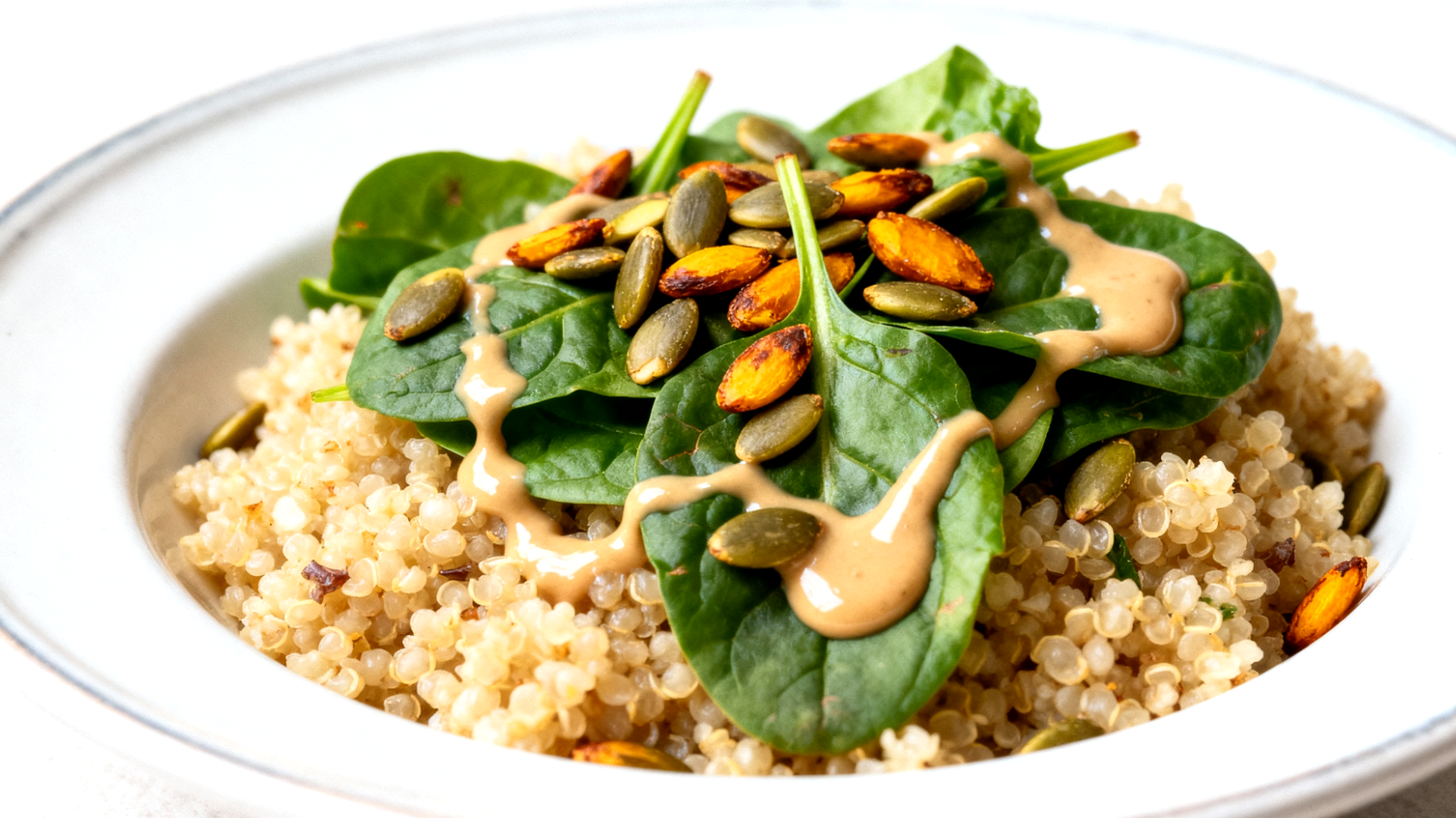 Quinoa con semi di zucca, spinaci e tahini"